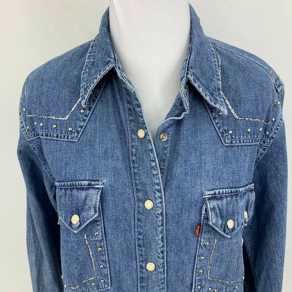 Vintage Levi's Pearl Snap Chambray Top Size M Studded Silver Streak Pockets - Picture 3 of 10